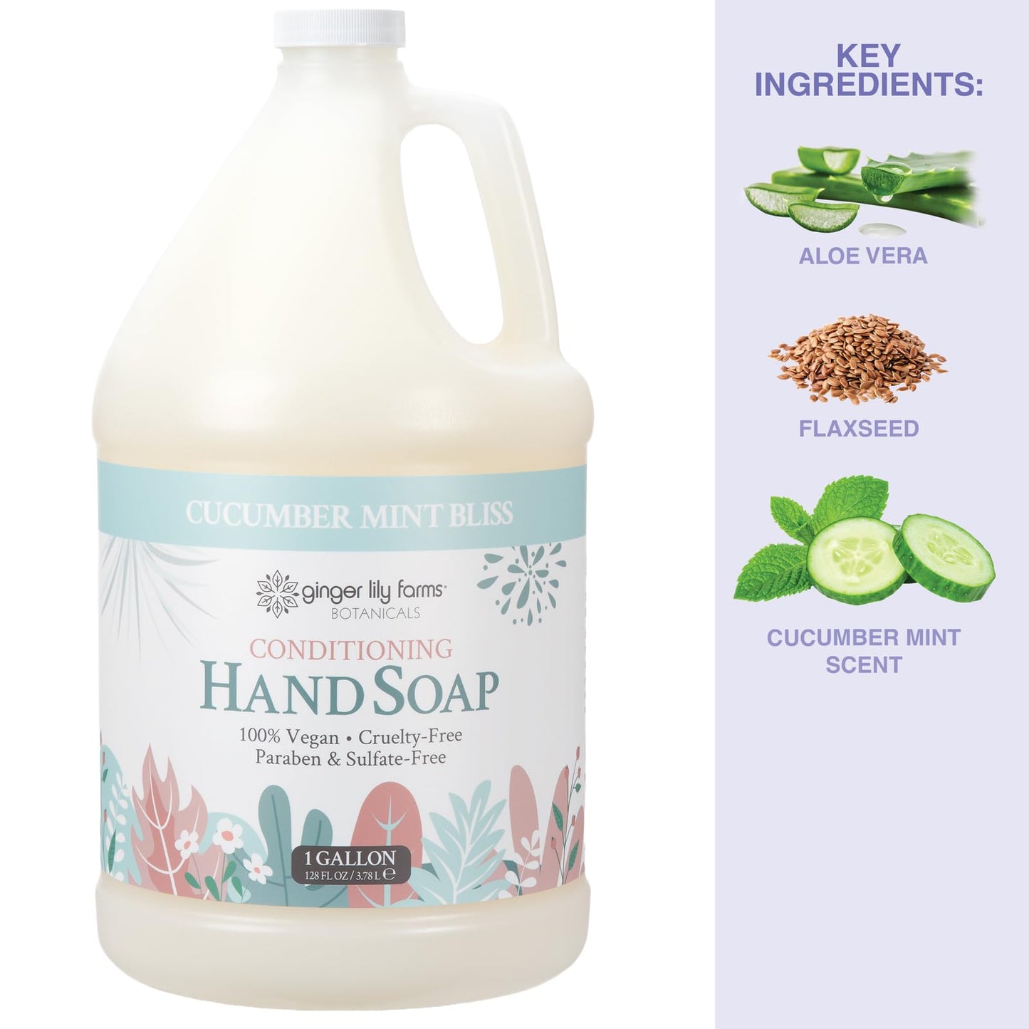 Ginger Lily Farms Botanicals Conditioning Liquid Hand Soap Refill, 100% Vegan & Cruelty-Free, Cucumber Mint Bliss Scent, 1 Gallon (Pack of 4)