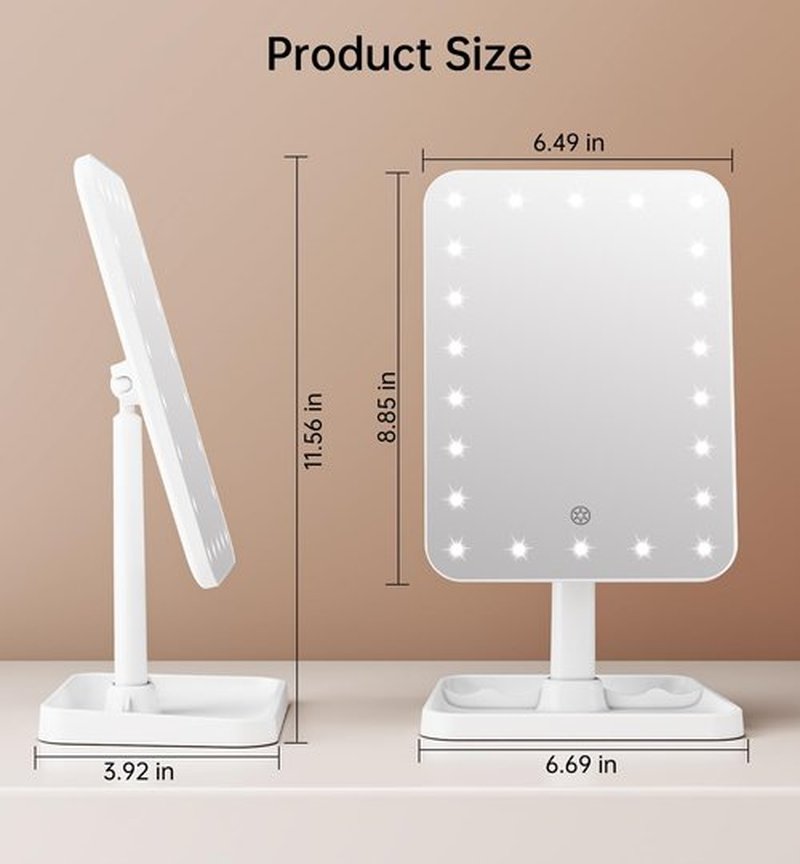 Famihomii Rechargeable Lighted Makeup Mirror for Girls, Makeup Mirror with Lights, Desk Adjustable 360° Rotation Durable Vanity Mirror with Storage, Detachable Design Table Mirror