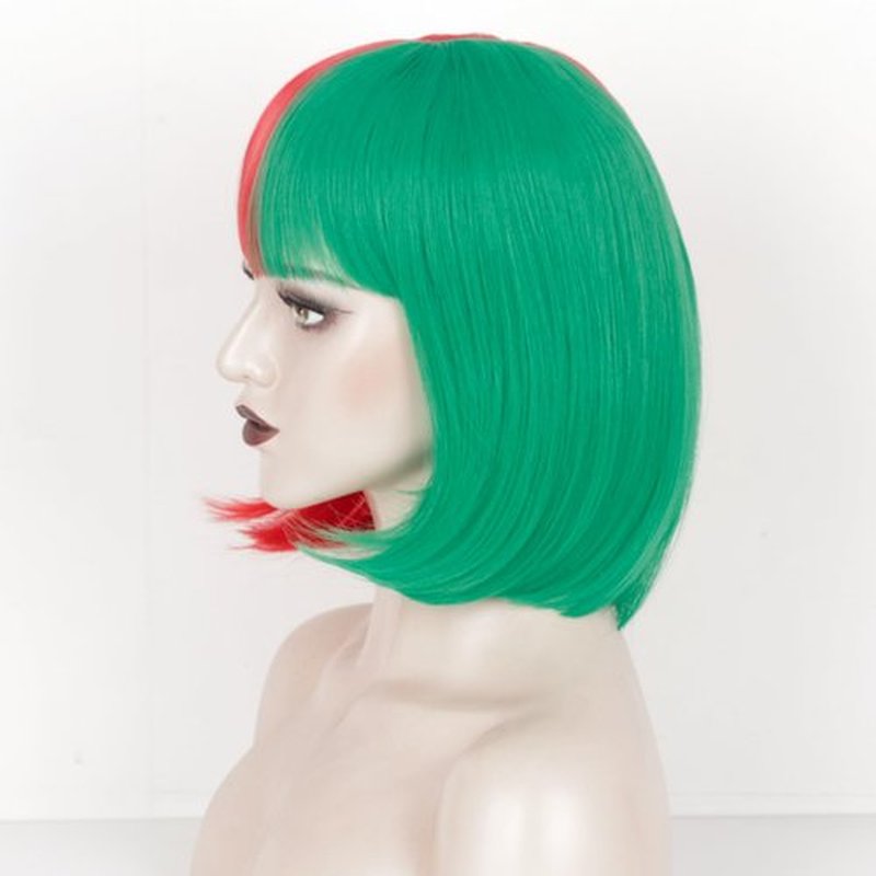 WeKen Red and Green Wig for Women Girls Short Bob Half Green Half Red Wig with Bangs for Women Cosplay Synthetic Wig Daily Party