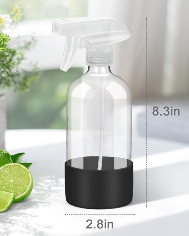 Roinisor Glass Spray Bottles with Silicone Sleeve Protection, Empty 16OZ Reusable Spray Bottles, Refillable Containers with Spray Nozzles for Cleaning Solutions, Plants and Essential Oils 1 Pack Black