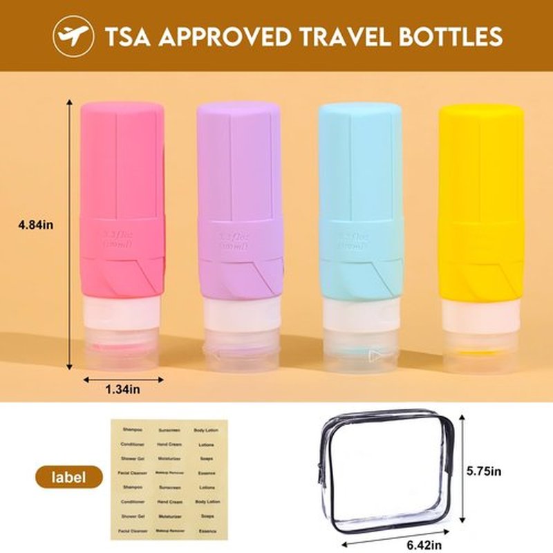FADVAN Travel Bottles for Toiletries, 3.3oz Tsa Approved Travel Size Containers, BPA Free Leak Proof Silicone Travel Bottles, Refillable Travel Accessories Easy to Squeeze and Clean (Macaron)