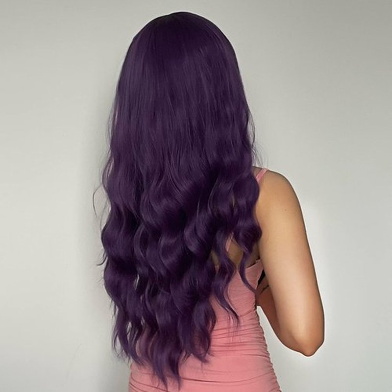 BERON Purple Long Wigs Women's Wavy Wigs with Bangs Dark Purple Curly Synthetic Wigs for Cosplay Party Wigs Wig Cap Included
