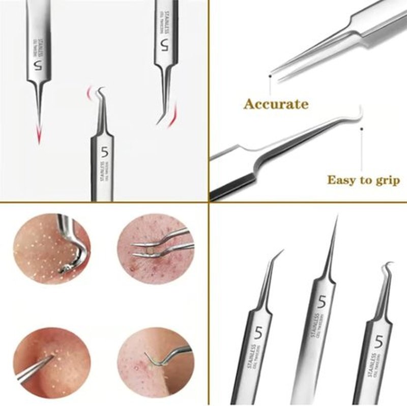 Professional Facial Blackhead Remover Tweezers, Precision Pimple Popper Tool Kit for Whitehead Ance Blemishs Comedones (Set A)