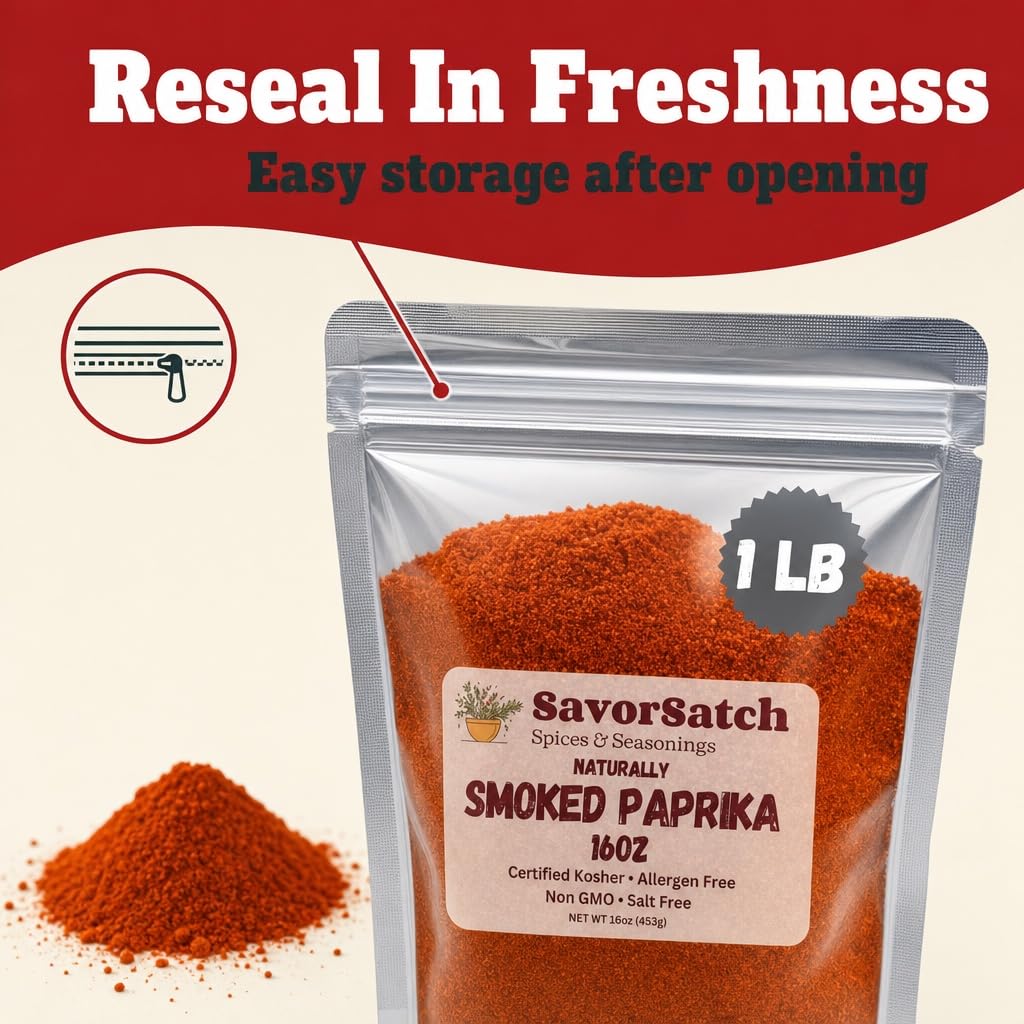SavorSatch Smoked Paprika - Naturally Smoked Sweet Paprika, Certified Kosher, 16 Ounce (1 Pound) Resealable Pouch | Bulk Spice for Cooking, Seasoning, and Grilling