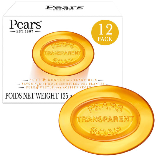 Pears Soap, Pure & Gentle with Natural Oils, 12-Pack – Transparent Amber Glycerin Soap for Pampered, Glowing Skin, 4.4 Oz Ea
