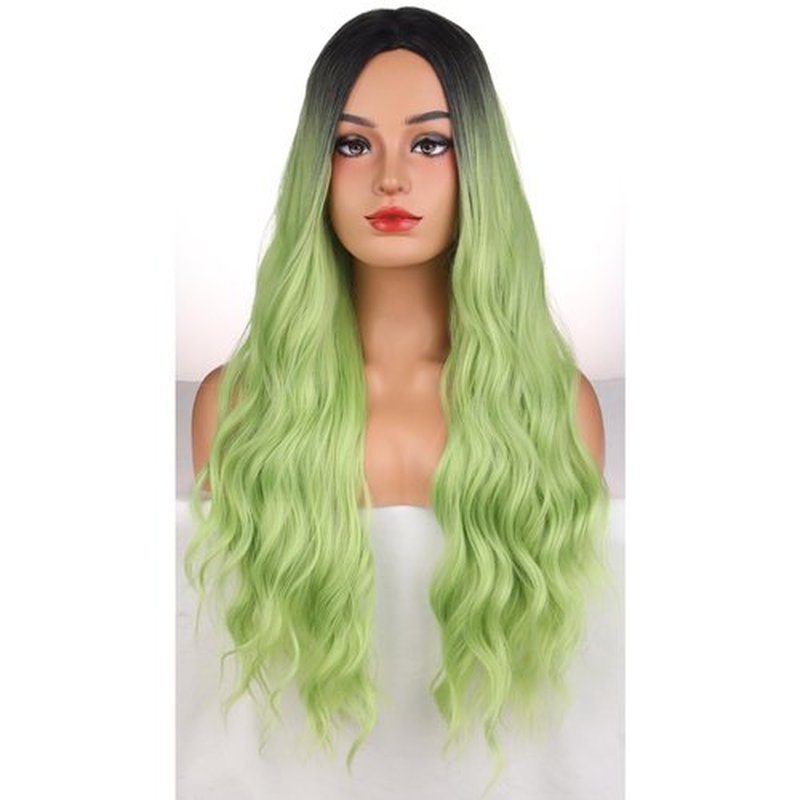 MAGQOO Matcha Green Wig for Women Girls Dark Roots Green Wig Long Curly Wavy Black Green Wigs Middle Part St Patrick Day Wig Synthetic Heat Resistant Halloween Cosplay Costume Party Daily Use