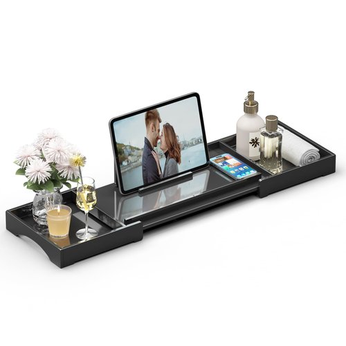 Bathtub Tray Caddy Table for Tub - Rulyyo Tub Tray Bath Caddy Tray for Bathtub, Black 18-32.5 Inch Expandable Over The Tub Bath Tray for Bathtub, Waterproof Bathtub Caddy Tray for Luxury Bath