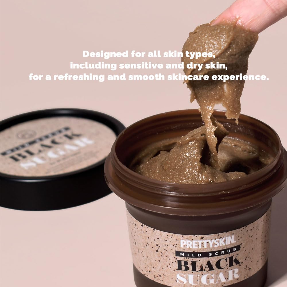 PRETTYSKIN Gentle Strawberry Scent Black Sugar Mild Scrub for Smooth & Hydrated Skin - Natural Exfoliating Scrub with Plant-Based Oils for Sensitive Skin - All Skin Types 3.52 oz
