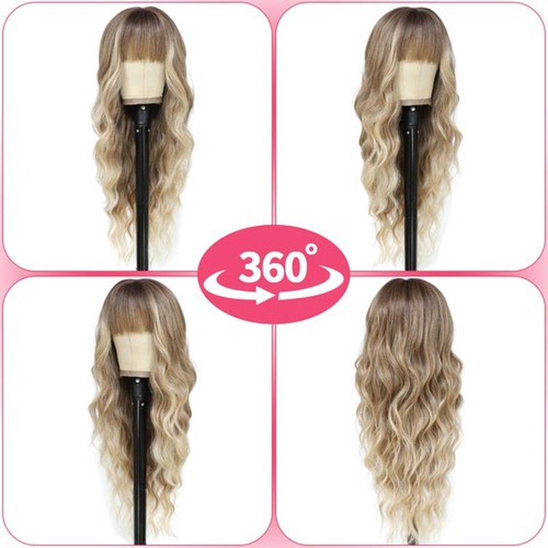 Dirty Blonde Wig With Bangs Long Wavy Curly Ombre Blonde Wig with Dark Roots Wigs For White Women Blonde Wigs With Bangs Synthetic Heat Resistant Wigs for Women Daily Party Use 24inch (Dirty Blonde)