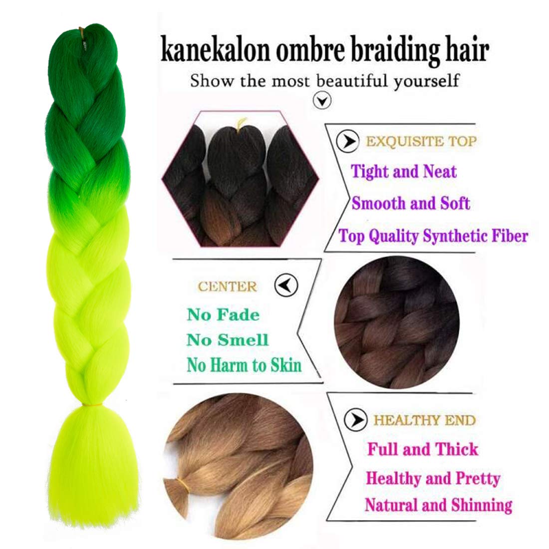 Xiaofeng Colorful Ombre Braiding Hair Extensions 24 Inch 3 Packs High Temperature Jumbo Crochet Braiding Hair for Box Twist Braids (24 Inch (Pack of 3), Peak green to Yellow green)