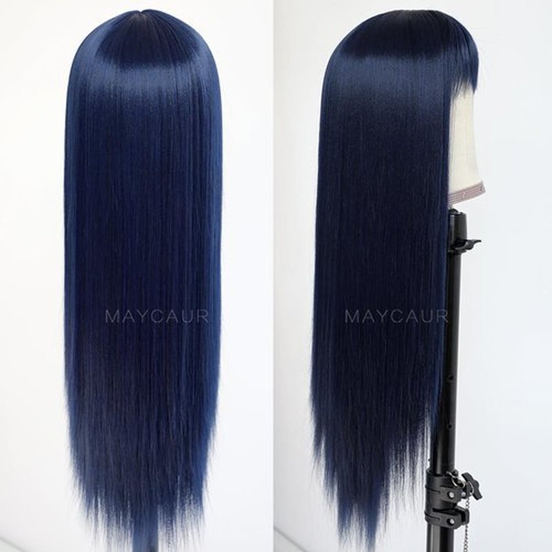 Maycaur Blue Synthetic Hair Wigs with Full Bangs Long Straight Women's Wig Heat Resistant Synthetic No Lace Wigs for Fashion Women