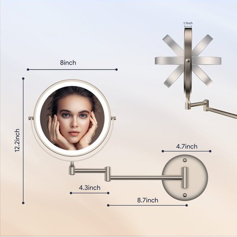 Rocollos Rechargeable Wall Mounted Lighted Makeup Mirror, 8 Inch Double-Sided LED Vanity Mirror 1X/10X Magnification,3 Color Lights Touch Screen Dimmable 360°Swivel 13 Inch Extendable