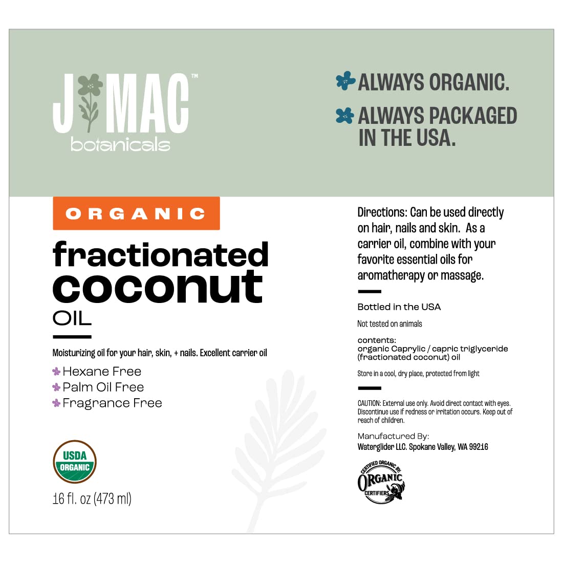 J Mac Botanicals, Organic Fractionated Coconut Oil (16 oz. with a Pump) Carrier Oil for diluting Essential Oils, Leave in Conditioner for Dry Damaged Hair, Skin, Massage