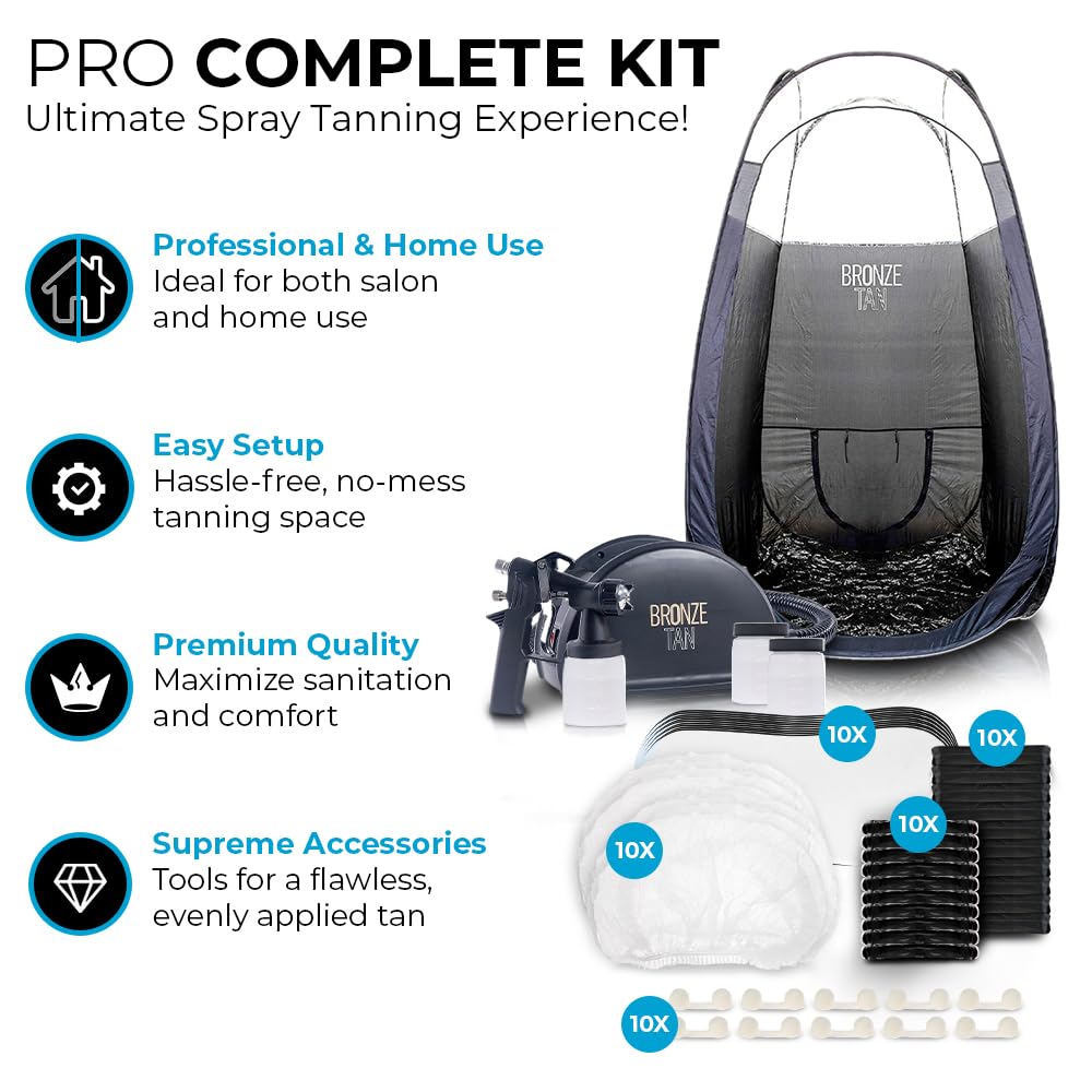 Commercial Spray Tan Machine Kit - Includes Disposable Spray Tan Supplies, Pop Up Tent, 3 Solution Cups, and HVLP Tanning Machine by Bronze Tan
