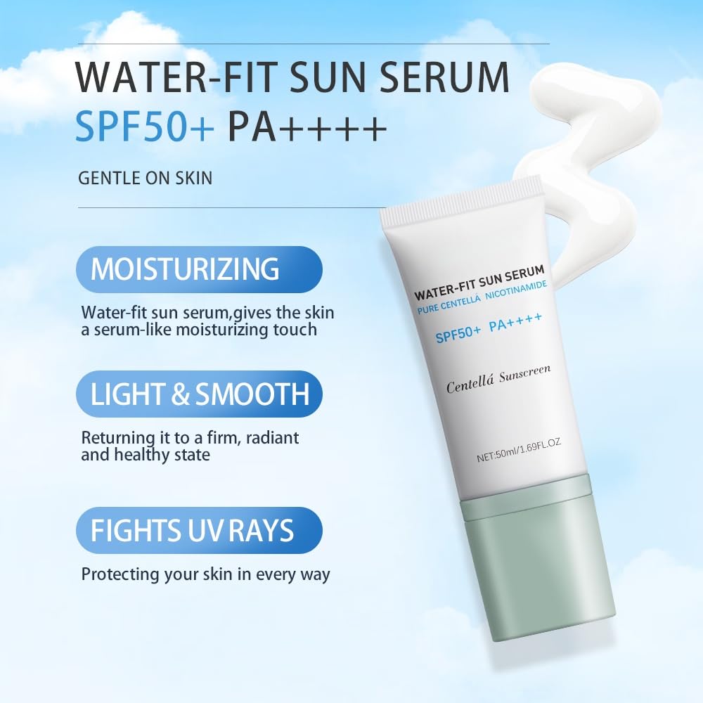 2Pcs Centella Sunscreen, Lightweight Hydrating Centella SPF50+ Water-Fit Sun Serum for All Skin Type and UV Defense
