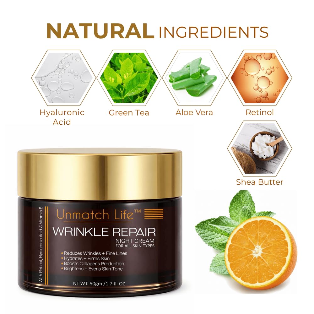 Retinol Night Cream for Face, Anti Aging Face Cream & Wrinkle Cream for Women with Hyaluronic Acid, Collagen & Vitamin C, Face Moisturizer for Deep Wrinkles, Dry & Aging Skin, Night Moisturizer 1.7 oz