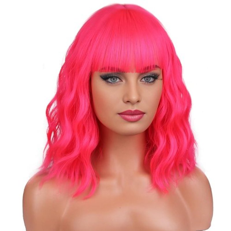 BERON 14 Inches Neon Pink Wig Short Curly Wig Pink Wig with Bangs Women Girl's Charming Wig Hot Pink Wig Synthetic Wig with Wig Cap