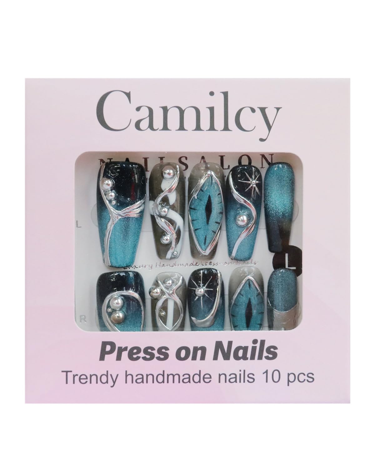 CAMILCY Press on Nails Handmade Nails Luxury Reusable Fake Nails For Girls Long Coffin Armor Blue Silver Diamond Hand Painted Salon Loveful DesignAcrylic Gel UV Finished For Women 3D Nails 10PCS L