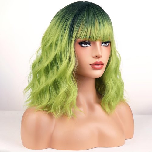 WTHCOS Green Ombre Wig Short Bob Wig Short Curly Wavy Hair Wig With Bangs Ombre Green Wig for Women Heat Resistant Synthetic Hair Wigs for Daily Use Cosplay Wig With Wig Cap