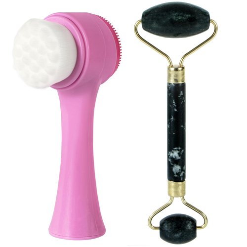 Beomeen Face Brush 2 in 1, Silicone Facial Cleansing Exfoliating Brush Soft Bristles Pore Deep Cleansing, Jade Face Roller Skin Care Tools, Manual Dual Face Wash Scrub Brush Massaging Gift,PurpleBlack