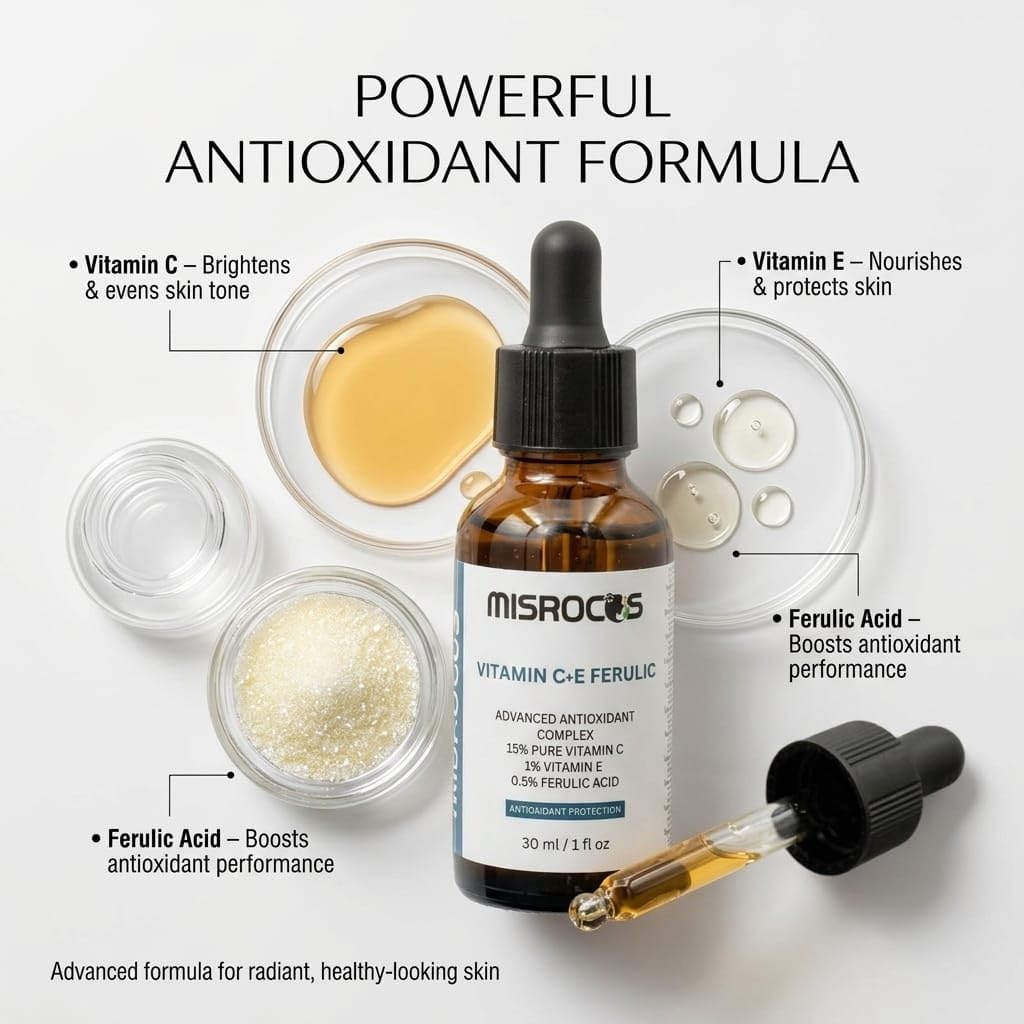 MISROCOS Vitamin C + E Ferulic Acid Serum - 30ml (1 fl oz) | Advanced Antioxidant Complex with 15% Pure Vitamin C | Brightening Face Serum for Fine Lines & Sun Damage (Pack of 1)