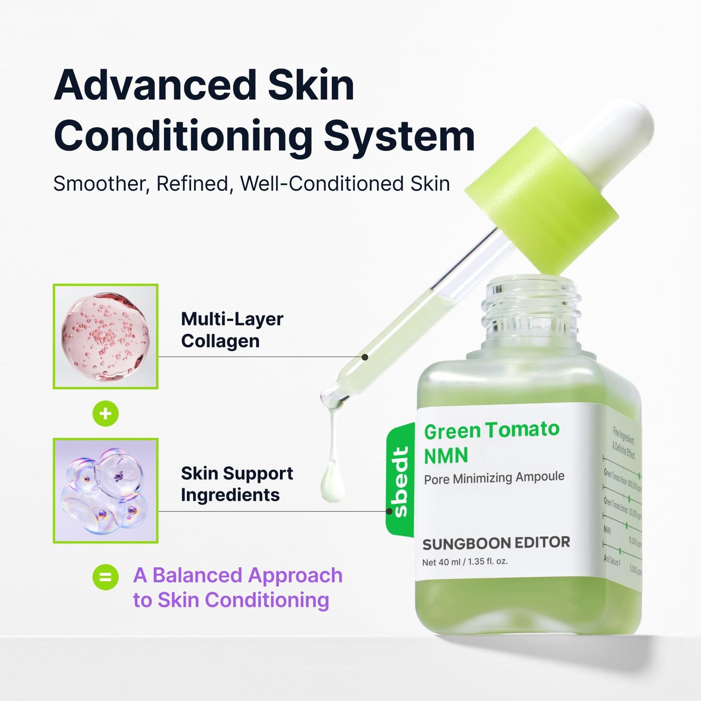 SUNGBOON EDITOR Green Tomato NMN Pore Minimizing Ampoule, Firming Pore Minimizer Serum with NMN, Niacinamide & Green Tomato Extract, Lightweight Korean Skincare for Sensitive Skin, 1.35 Fl Oz
