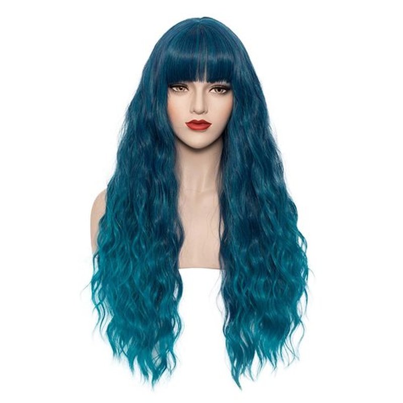 WGPFWIG Women's Blue Ombre Wig 27''Long Curly Wavy Wig Shoulder Length Flat Bangs Wig For Women Girl Cosplay Party Halloween Wig Cap Included (27''Blue Ombre)