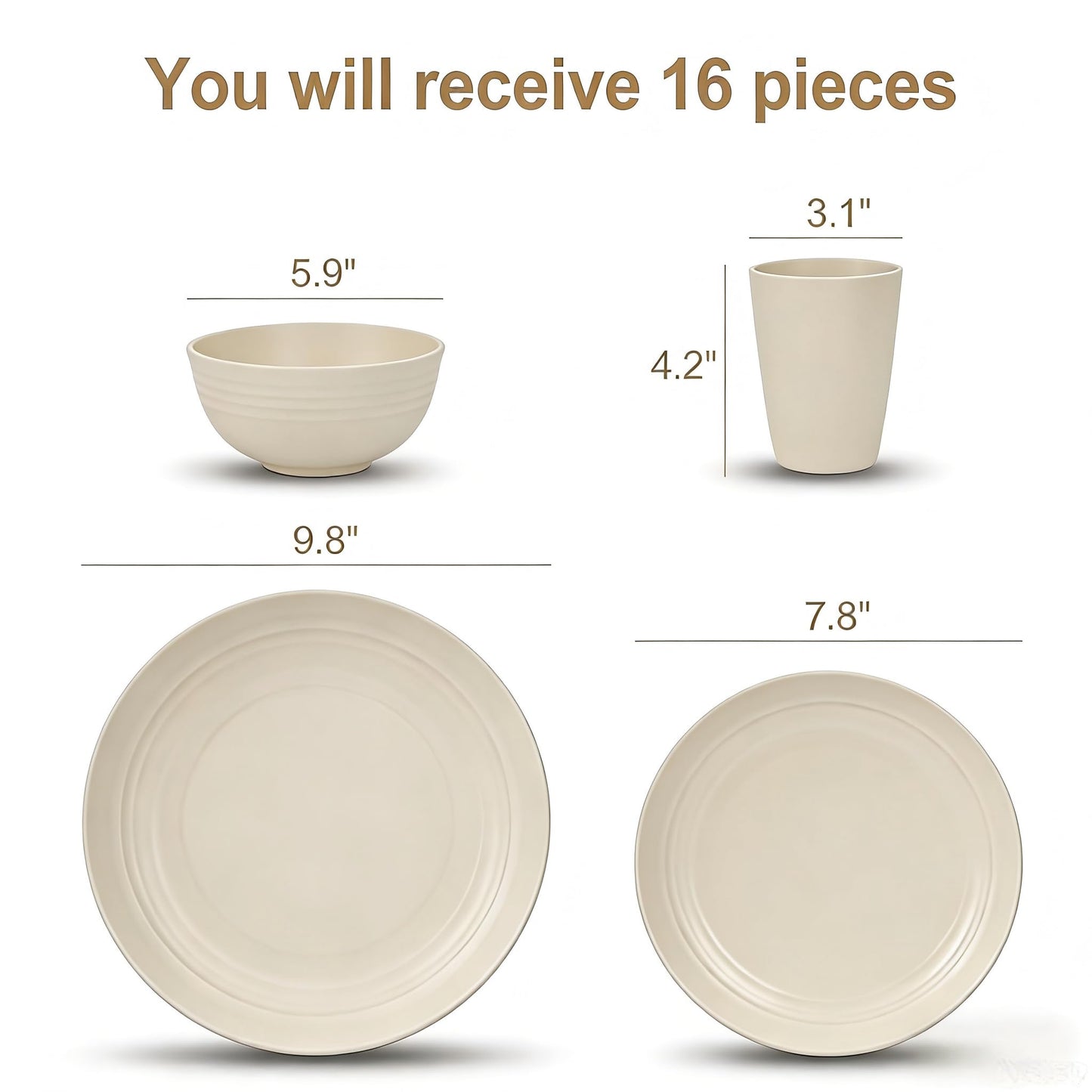 16 Pieces Plates and Bowls Sets for 4,Reusable Dishwasher Safe,Unbreakable Wheat Straw Dinnerware Sets of Dishes for Camping,Party,Outdoor Kitchen and RV Essentials(Beige)