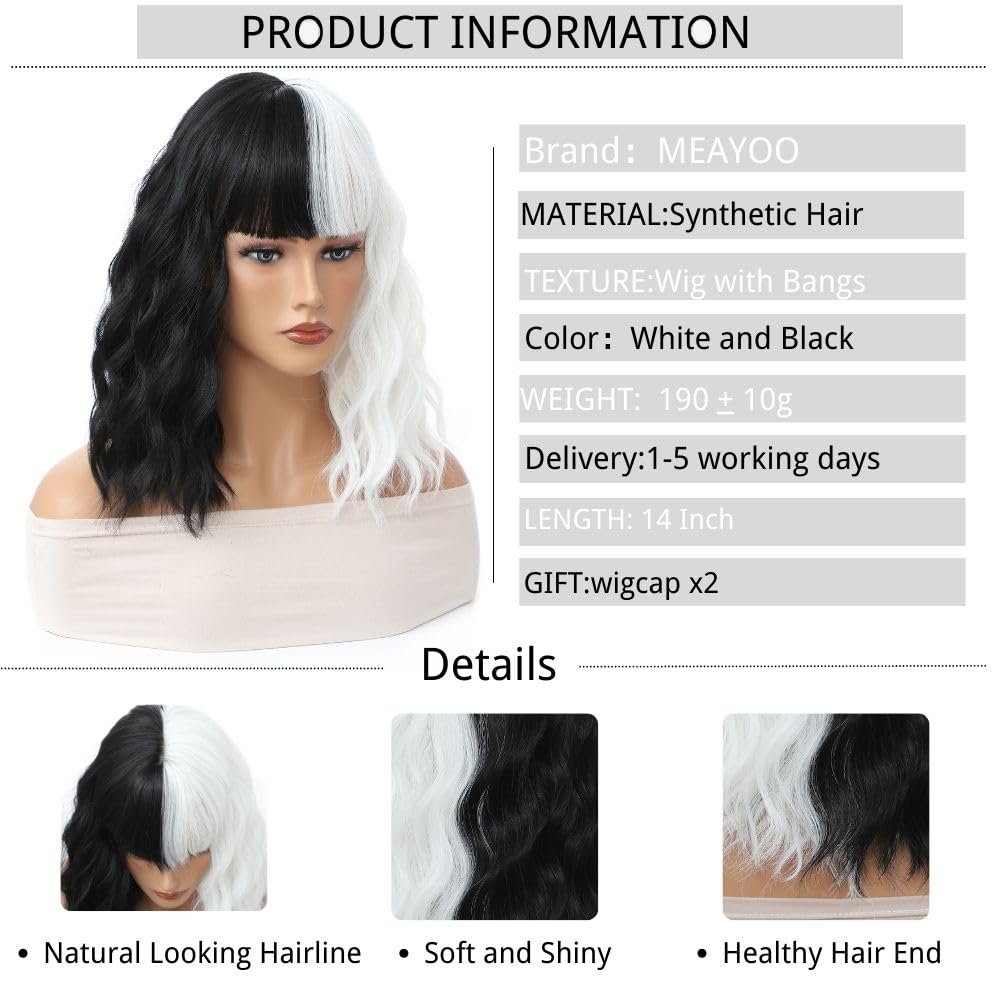 Black and White Wig, Halloween Wigs for Women, Short Bob Wavy Wig with Bangs Loose Curly Shoulder Length Wig Synthetic Cosplay Wig for Girl Colorful Cosplay Wigs Half Black and Half White 14 Inch