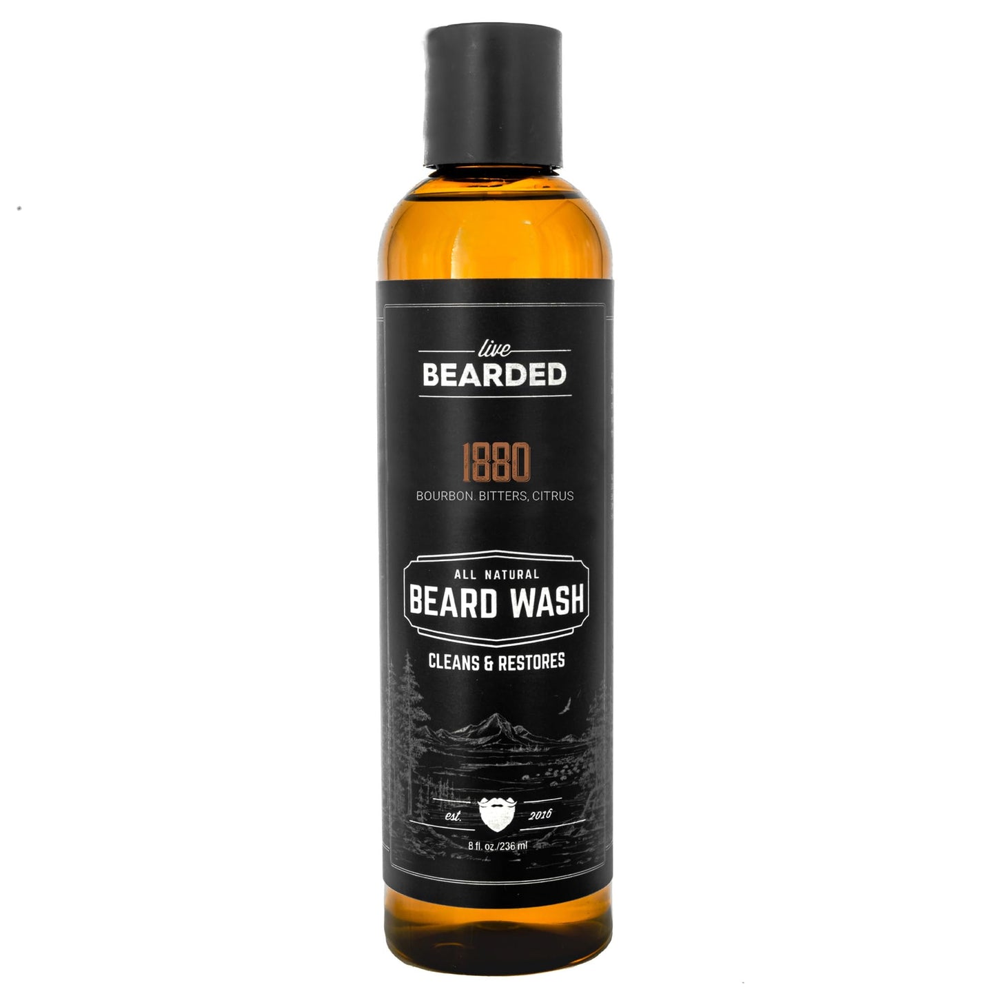 Live Bearded Beard Wash, 8 fl oz - Water-Based Face Cleanser with All-Natural Ingredients for a Gentle, Deep Clean - Made in the USA | 1880 Scent - Bourbon, Bitters, Citrus