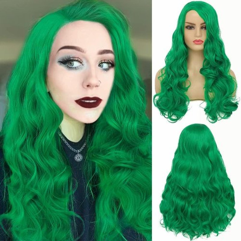 Kaneles Long Curly Green Wig for Women Wavy Side Part Hair Natural Looking Synthetic Heat Resistant Cosplay Party Replacement Wig（Green）