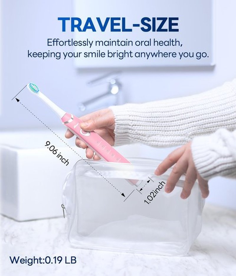 Bymore Electric Toothbrush for Adults,Travel Sonic Toothbrush with 8 Replacement Heads, Ultra Clean Rechargeable Toothbrush Portable Electric Toothbrush-Pink
