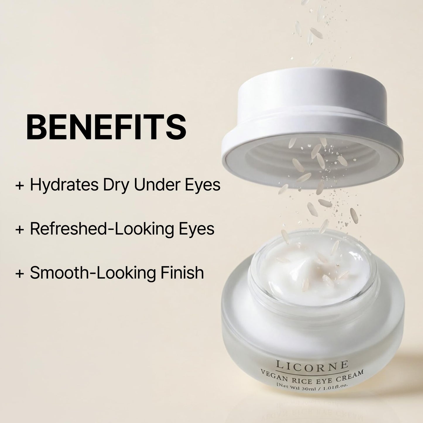 LICORNE Vegan Rice Eye Cream for Dark Circles and Puffiness - Thick Butter Texture Under Eye Care with AHA & PHA, Fragrance Free Hydration for Sensitive Skin, Large 1.01 Fl Oz (30ml)