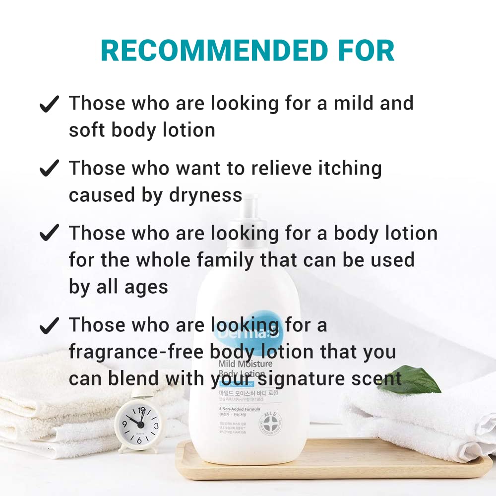 Derma B | Mild Moisture Body Lotion | Body Moisturizer for Sensitive Skin | Body Lotion for Extremely Dry Skin | Non-Irritating | Unscented Fast-Absorbing Cream | Korean Skincare | 13.5 fl oz (400ml)