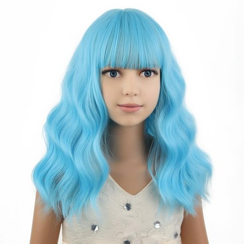 PATTNIUM Kids Blue Wig Short Wavy Wig with Bangs Light Blue for Kids Blue Child Wig Heat Resistant Synthetic Hair Wig for Girls (Light Blue)