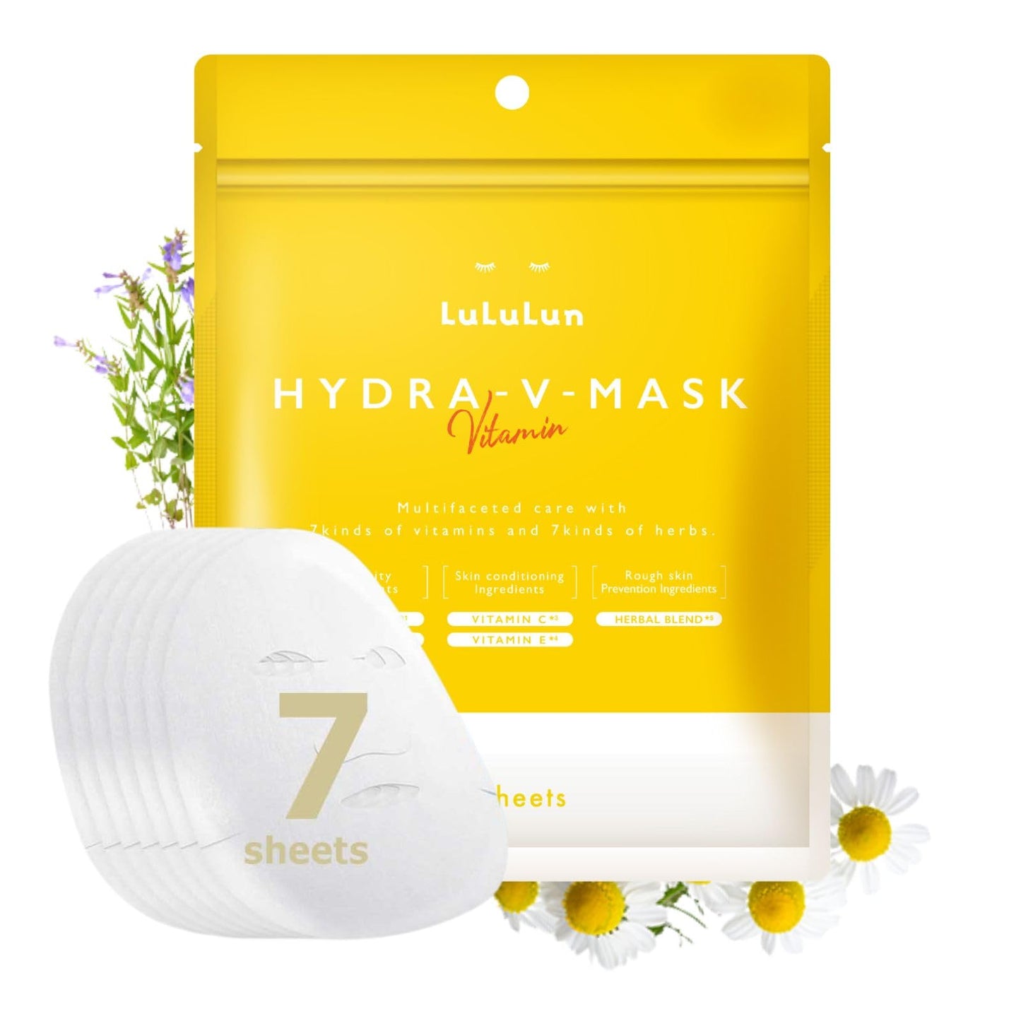 Lululun 7 Sheet Vitamin C Face Masks Skincare for Women & Men, Daily Face Mask Sheet for Pore Firming & Dull Skin, Facial Mask Sheet with 7 Herbs, Japanese Sheet Masks with 7+1 Vitamin Complex HYDRA V