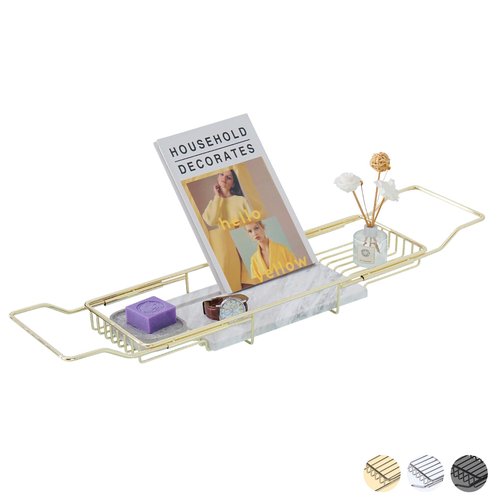 MARBBNEST Bathtub Tray Caddy for Luxury Bath Expandable Extra Wide Bath Tub Tray with Natural Marble Tray and Mobile/Tablet Stand, Ideal for Home Spa Lovers(Gold + Jazz White)