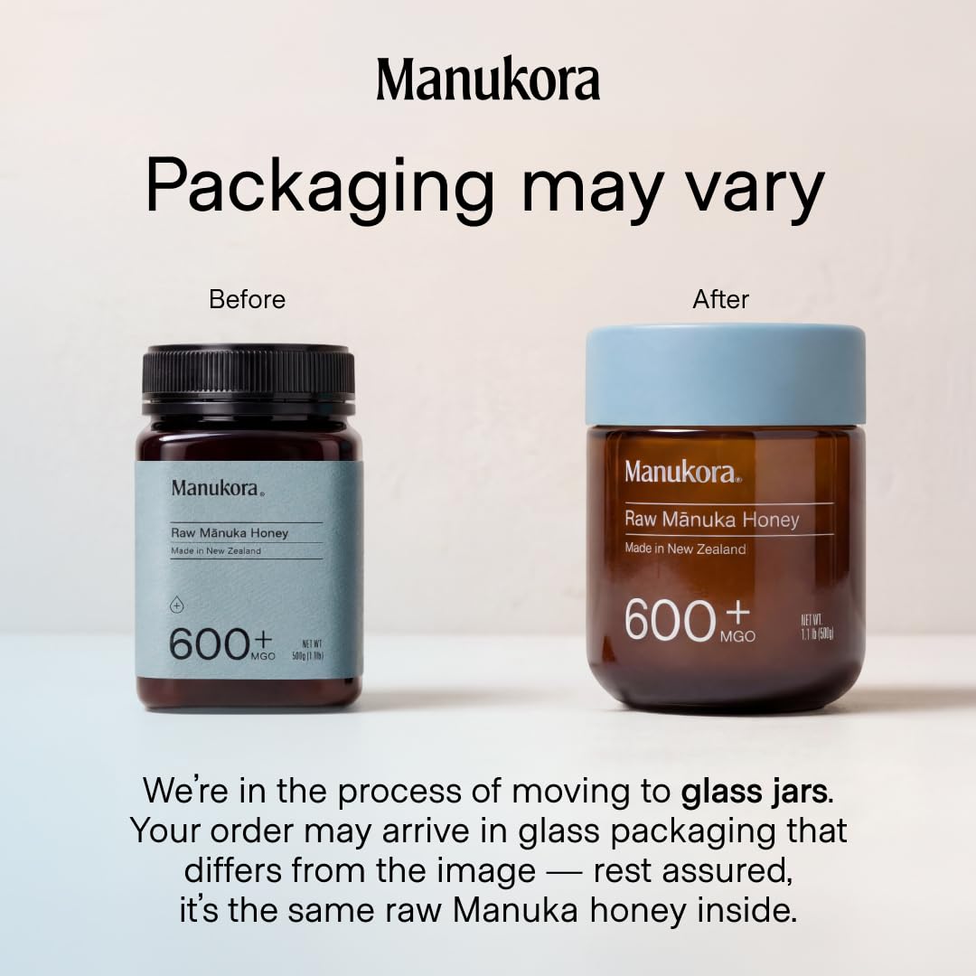 Manukora Raw Manuka Honey MGO 600+, New Zealand Honey, Superfood, 2000+ Natural Compounds, Non-GMO, Monofloral, 3rd-Party Tested, Glyphosate Residue Free, Traceable Hive-to-Hand, Immune and Gut Health Support, 500g