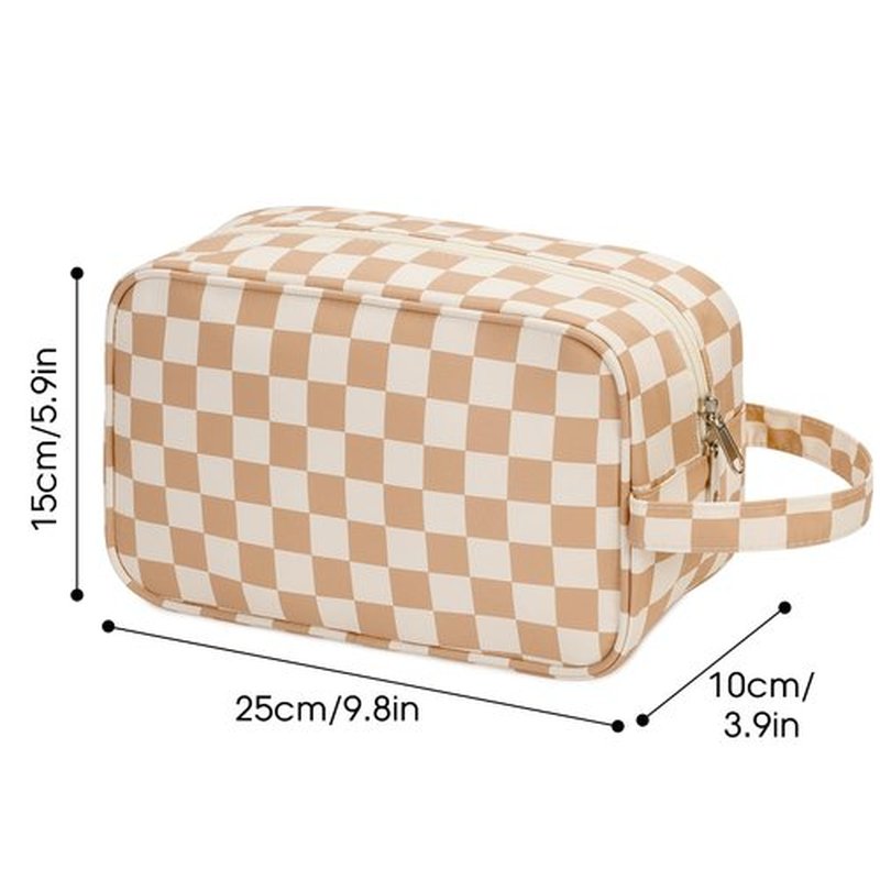 Narwey Travel Toiletry Bag for Women Traveling Dopp Kit Checkered Makeup Bag Organizer for Toiletries Accessories Cosmetics (Light Brown Checkerboard)