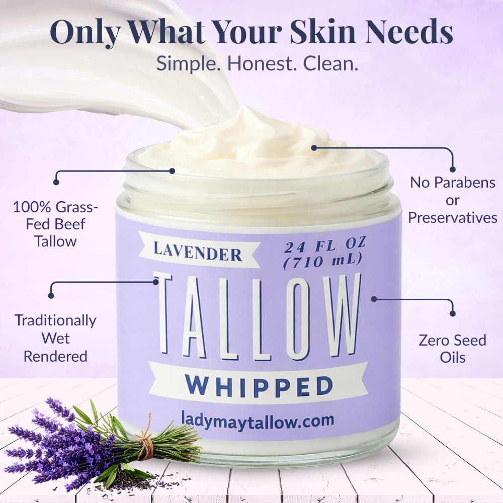 Lady May Tallow Whipped Tallow 24oz - All Natural Face Cream and Whole Body Moisturizer for Dry Skin - Made with Scented Oil Blend - No Preservatives, Parabens or Seed Oils - USA Made (Lavender)
