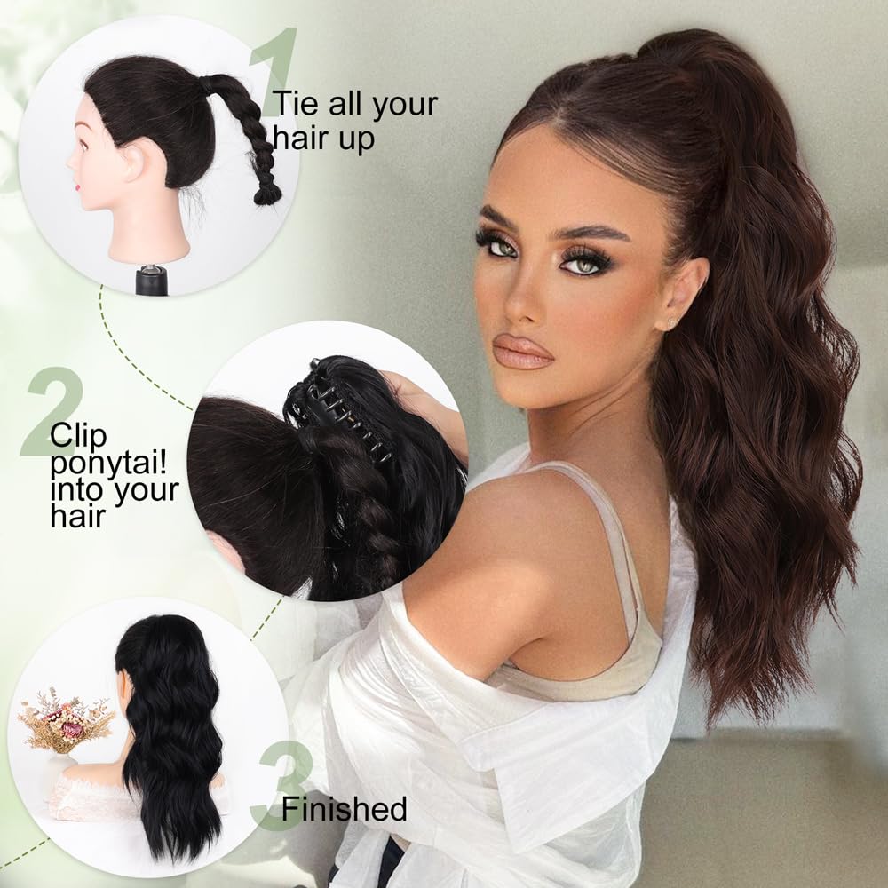 ALXNAN Ponytail Extension,16 Inch Claw Ponytail Hair Extensions for Women，Claw Clip in Long Wavy Synthetic Chestnut Brown Ponytail Extension for Daily Use.