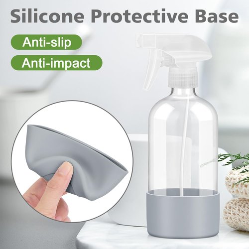 Rionisor Glass Spray Bottles with Silicone Sleeve Protection, Empty 16 oz Refillable Containers, Reusable Spray Bottles with Adjustable Nozzle for Hair, Cleaning Solutions, 3 Pack Grey&Blue&Purple