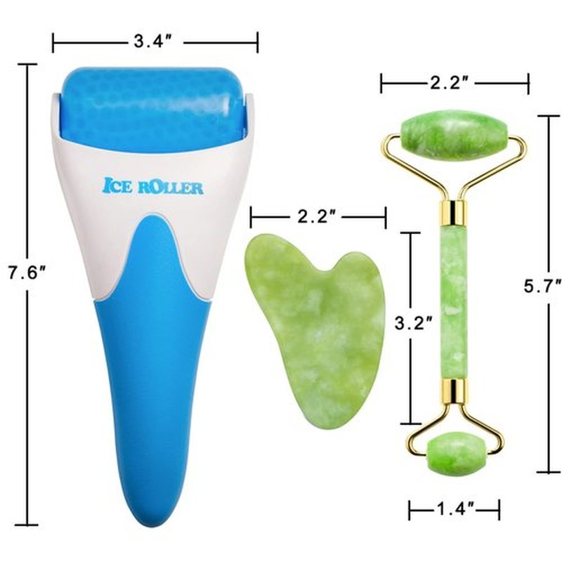 3-in-1 Natural Stone Jade Roller and Gua Sha Set for Face and Eye Ice Roller Facial Cooling Massage Roller