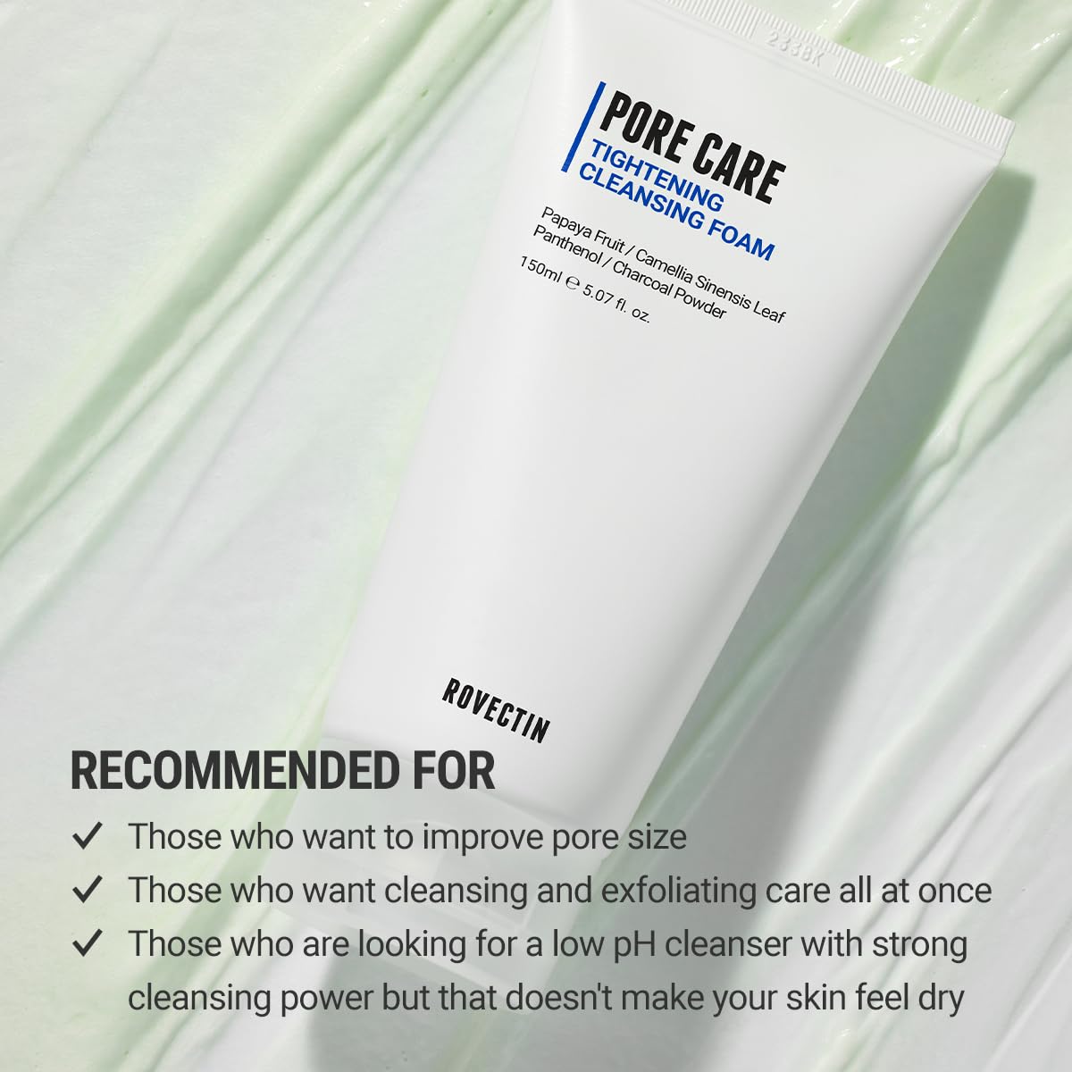 ROVECTIN Pore Tightening Cleansing Foam | Green Papaya, Glycerin, Charcoal Powder, AHA/BHA/PHA for Refining Pore Size, Non-Irritating | Oily, Dull Skin | Vegan (5.07 fl. oz.,150 ml)