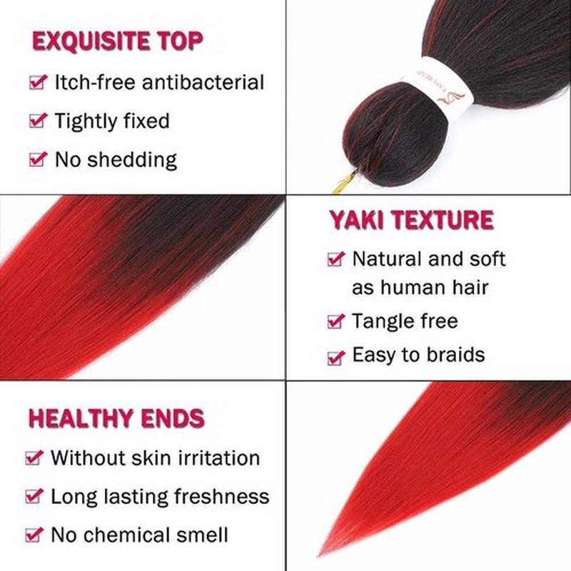 Pre Stretched Braiding Hair 26 Inch Ombre Red Braiding Hair 8 Packs Long Hair Extensions Braiding Twist Braids Itch Free Hot Water Setting Yaki Straight Synthetic Hair Extensions for Women