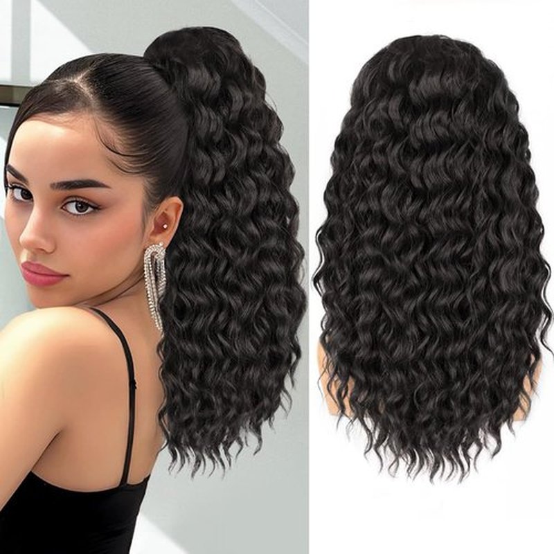 ALXNAN Wavy Curly Ponytail Extension, Long Soft 18" Black Brown Drawstring Ponytai for Black Women Natural Synthetic Hairpiece Thick For Daily Use