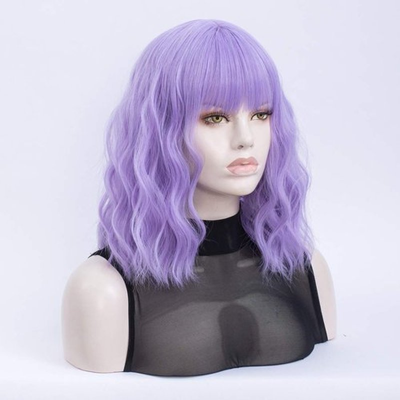 QACCF Purple Wig with Bang Short Wavy Shoulder Length Full Bang Pelucas Women Bob Purple Lavender Wig (Lavender)