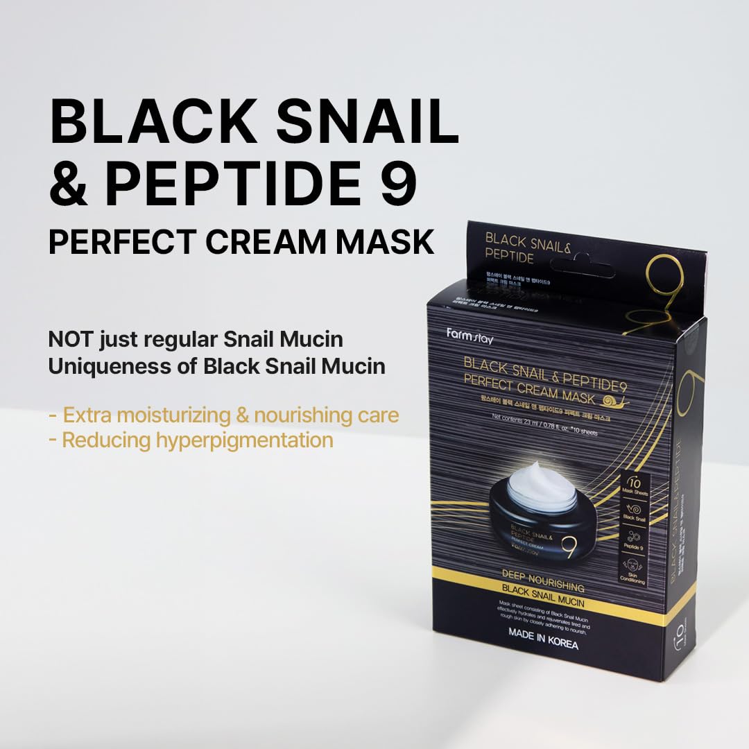 Farmstay Black Snail & Peptide 9 Cream Mask, Korean Snail Mucin Mask Pack for Elastic & Glow Skin, Hydrating & Anti-aging Face Mask Pack, Korean Skincare, for Women & Men, 10 Sheets (0.77 fl. oz Each)
