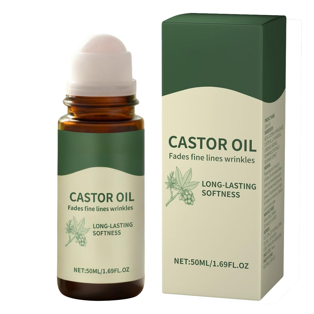 Vexivo Organic Castor Oil Roll-On, Cold-Pressed Pure Beauty Oil, Mess-Free Formula for Skin, Brows, Lashes & Body Care, 1.7Floz 50ml in Amber Glass Bottle (1 Pcs)