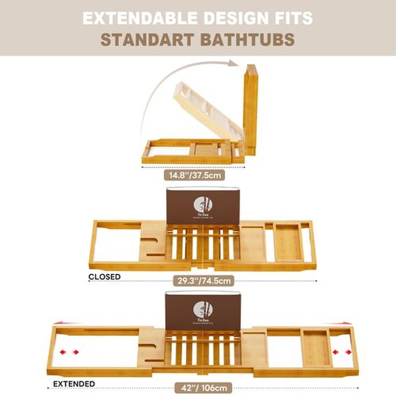 Yirilan Bamboo Bathtub Tray Caddy, Expandable Wooden Bathroom Tray, Luxury Bamboo Bathtub Tray, Bath Tub Table Caddy, Bamboo